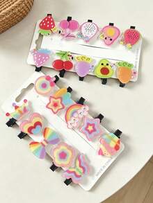 10pcs Women's Colorful Cartoon Student Hair Accessories Set, Rainbow Heart Butterfly Fruit Bear Hair Clips, Girls' Daily Side Hair Clips - Multicolor - View 3