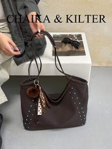 1pc Fashion PU Fabric Shoulder Tote Bag Suitable For Commuting, Shopping, Etc. (With Pendant) - Coffee - View 11