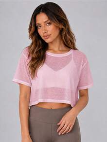Never me Women's Breathable Sports Top, Semi-Sheer Loose Design, Flattering Fit, Short Sleeve T-Shirt, Suitable For Pilates, Yoga And Cycling - Pink - View 6