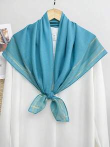 1pc Sky Blue Gold Line Plaid Square Scarf, Y2K Sequin Headscarf, Bohemian Style Party Gift For Women - Sky Blue - View 3