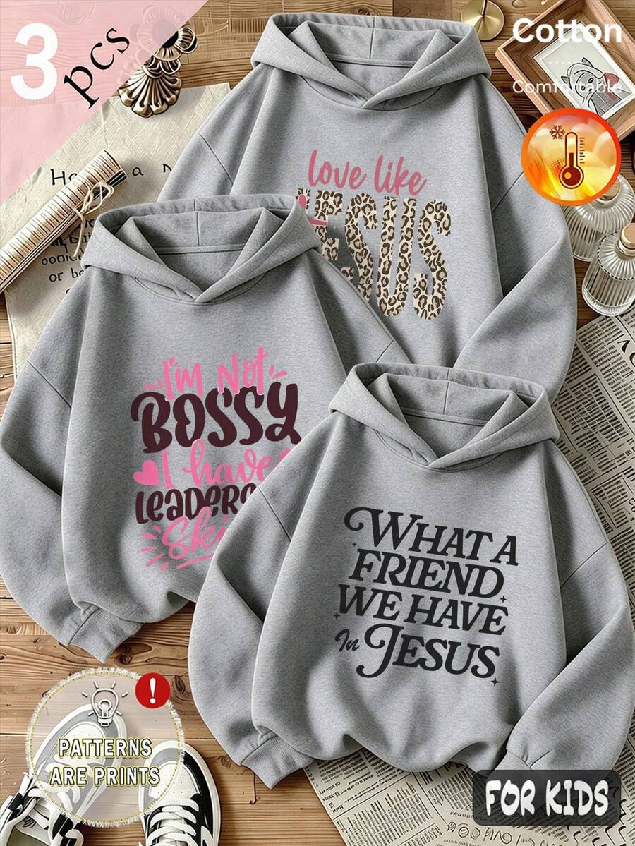 Autumn/Winter 3 Pieces Set Girls' Hooded Sweatshirt, Leopard Print, Pink Lettering, Black Slogan, Y2K Style - Heather Gray+Heather Gray+Heather Gray - View 1