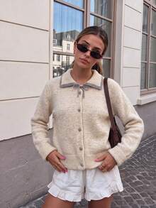 Women's Sweet Bow Tie Cardigan, Soft Fuzzy Button Up Cardigan For Coffee Date, Weekend And Christmas - Apricot - View 2