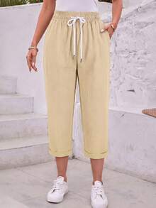 Jisfaneya Women's Solid-Color Lace-Up Pocket Casual Cropped Pants - Khaki - View 3