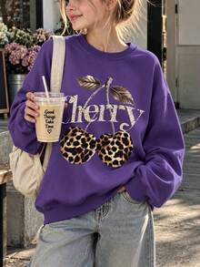 1pc Girls' Playful Chic Leopard Print & Cherry Graphic Sweatshirt, Fashionable & Versatile, Suitable For Spring/Autumn Occasions - Purple - View 1