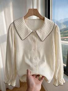 Tween Girls Peter Pan Collar Blouse, Contrast Trim Textured Button Up Shirt, Teen Tween Girl Cute Long Sleeve Ruffle Cuff Top - Apricot - View 10