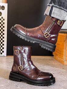 Vintage Rivet Motorcycle Boots For Men, Double Buckle Design With Side Zipper, Thick Sole Short Shaft Boots, Street Workwear Boots, Fashion Chelsea Boots - Brown - View 5