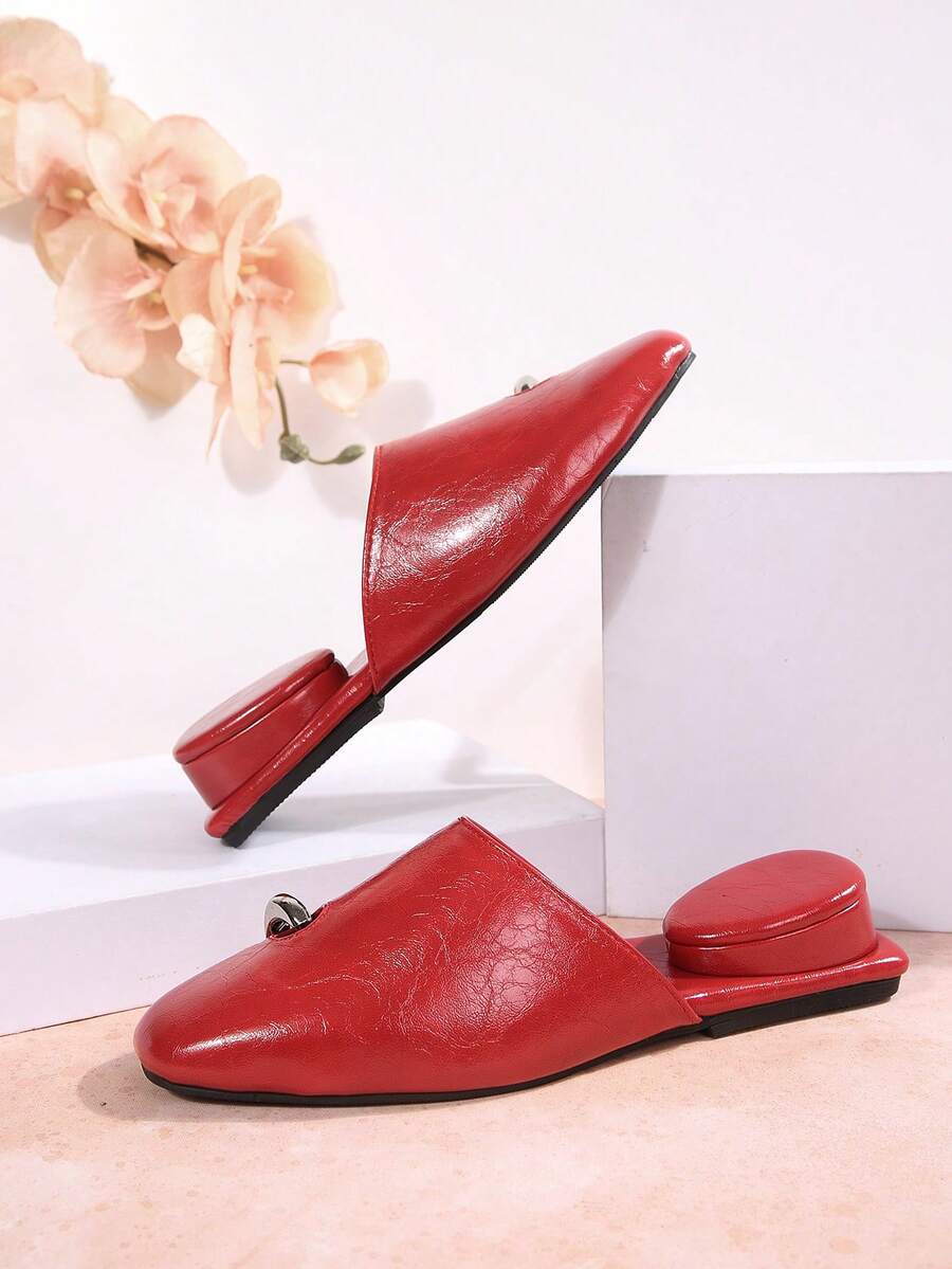 Women's Mule Half-Toe Shoes, Raised Asymmetrical Upper With Low Square Heel, Slip-On Slides, Niche Design For Commute And Party - Red - View 1