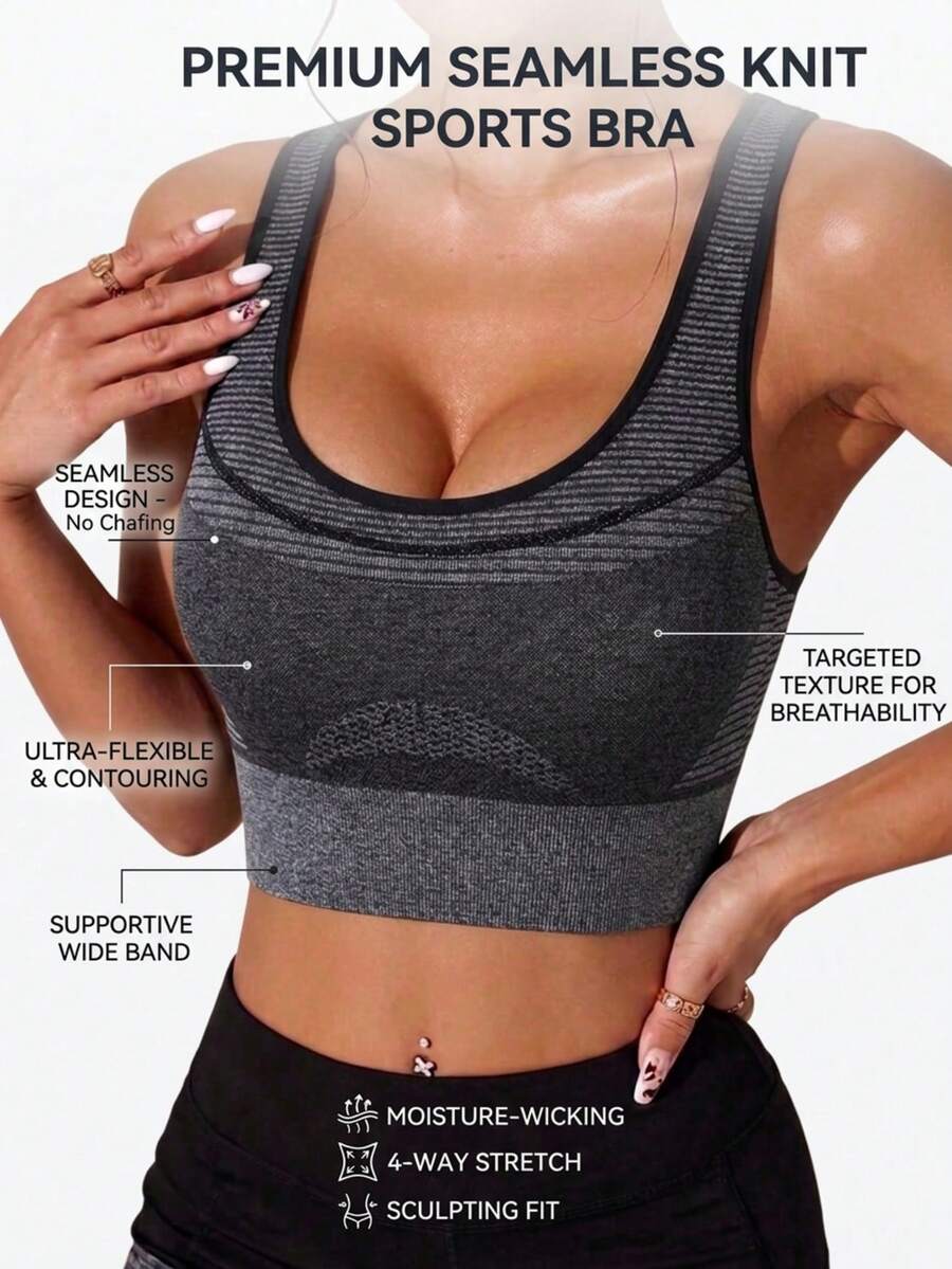 Women's Grey Heather Seamless Knit High Elastic U-Neck Racerback Sports Tank Top Gym Fitness Workout Sleeveless Cropped T-Shirt - Grey - View 1