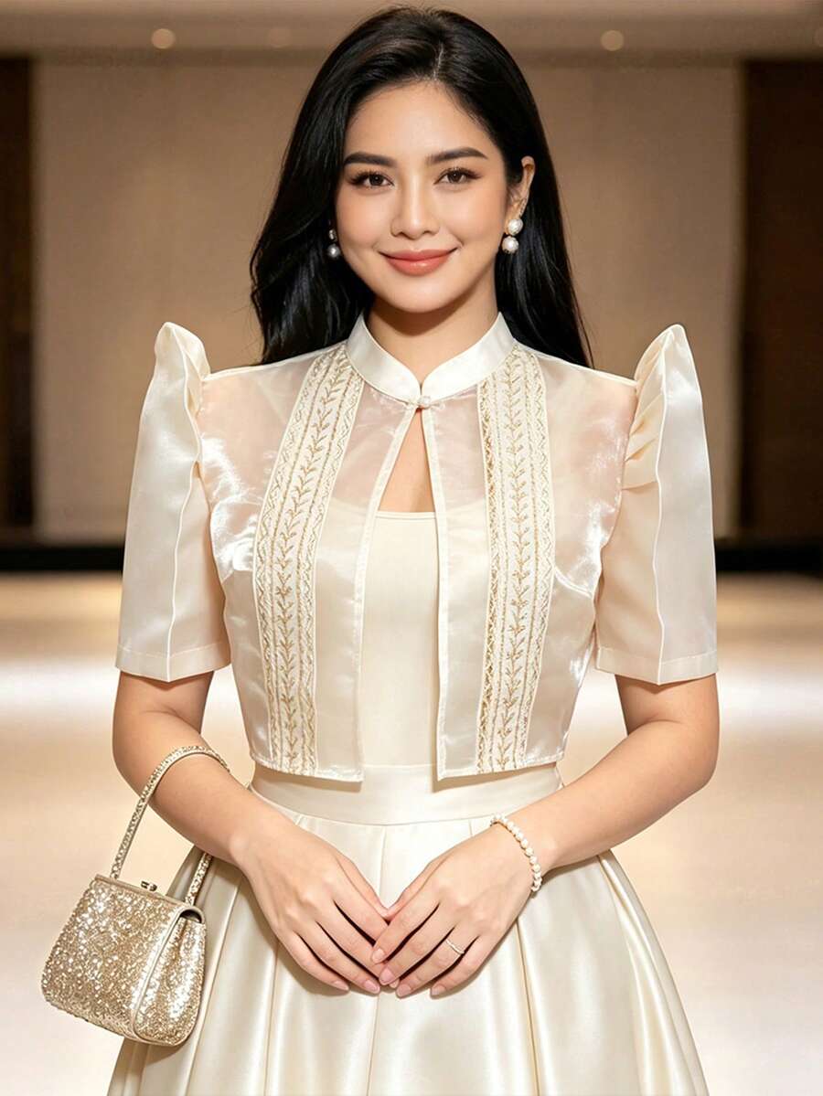 現代菲律賓風女款優雅花瓣袖短版上衣 - 香檳色 - 查看 1