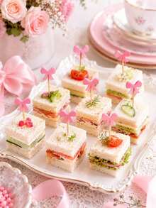 100pcs Pink Bow Bamboo Food Picks, Cute Cupcake And Dessert Toppers For Baby Shower, Birthday And Wedding Party Table Decorations - Multicolor - View 4