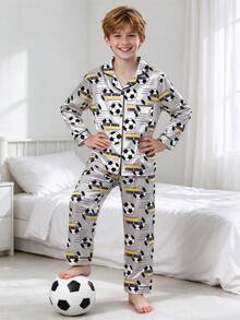 Tween Boy Grey Football Long Sleeve & Long Pants Pajama 2pcs Set - Multicolor - View 4