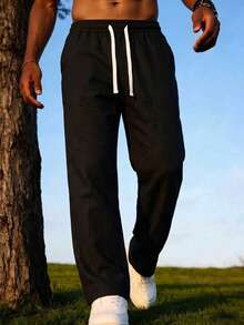 (1pc) Men's Drawstring Straight Leg Sweatpants, Summer Casual Pants, Comfortable Fabric, Vacation Leisure Sports Pants, American Sports Casual Long Pants, Straight Loose Fit, Comfortable And Versatile, Suitable For Spring/Summer Commuting, Vacation, Daily Casual Wear, Showcasing "Old Money" Style - Black - View 9