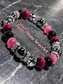 Pulsera de mujer con cuentas negras y rosa, cuentas brillantes y cuentas transparentes con textura con espaciadores de plata, significado de amor y amor propio, tema de amuleto de protección de la suerte, regalo de joyería elegante para uso diario - Multicolor - Ver 1