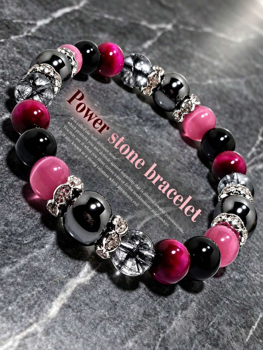 Pulsera de mujer con cuentas negras y rosa, cuentas brillantes y cuentas transparentes con textura con espaciadores de plata, significado de amor y amor propio, tema de amuleto de protección de la suerte, regalo de joyería elegante para uso diario - Multicolor - Ver 1
