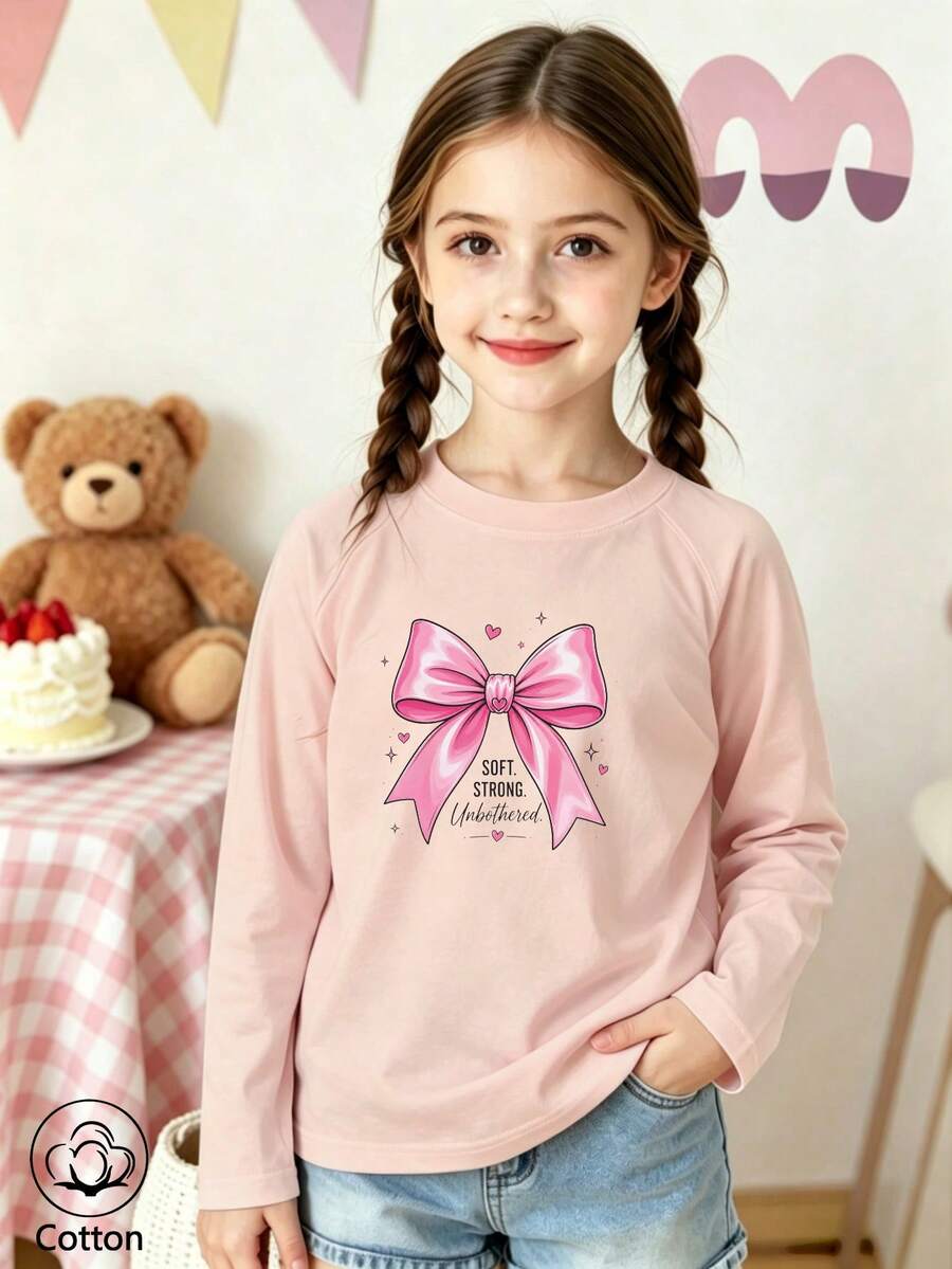 Girls' Cute Printed Long-Sleeve Casual Sports T-Shirt With Set-In Sleeves And A Round Neckline - Pink - View 1