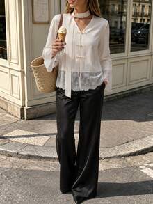 2pcs/Set Women's Fashion Street New Chinese Style Outfit, V-Neck Knot Button Lace Patchwork Top & Black Flare Pants, Autumn/Winter Outdoor Women's Commute INS Style Set - Multicolor - View 4