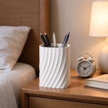 Cream White Twill Rotating Pen Holder, Square Twisted Stripe Stationery Storage Cup, Multi-Functional Makeup Brush Desktop Organizer, Nordic Minimalist Office Study Creative Decor, Gift For Best Friend And Classmate Back To School, Hotel Model Room Home Soft Furnishing Display - View 1