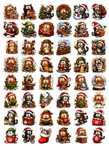 50Pcs Christmas Funny Cat Stickers, Cute Xmas Kitty With Santa Hat Decals For Journaling Scrapbooking, Cartoon Holiday Kitten Stickers For DIY Crafts Gift Packaging - Multicolor - View 6
