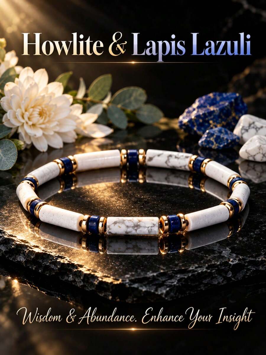 Natural White Turquoise Tube Beads & Lapis Lazuli Disc Beads Elastic Bracelet, Wisdom & Abundance, Insight Enhancing, Versatile Daily Casual Jewelry Gift For Men - Multicolor - View 1