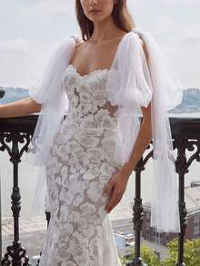 1 Pair White Lightweight Tulle Mid-Length Bridal Shawl, Wedding Evening Party Wrap, Arm-Flattering Dress Accessory - White - View 8