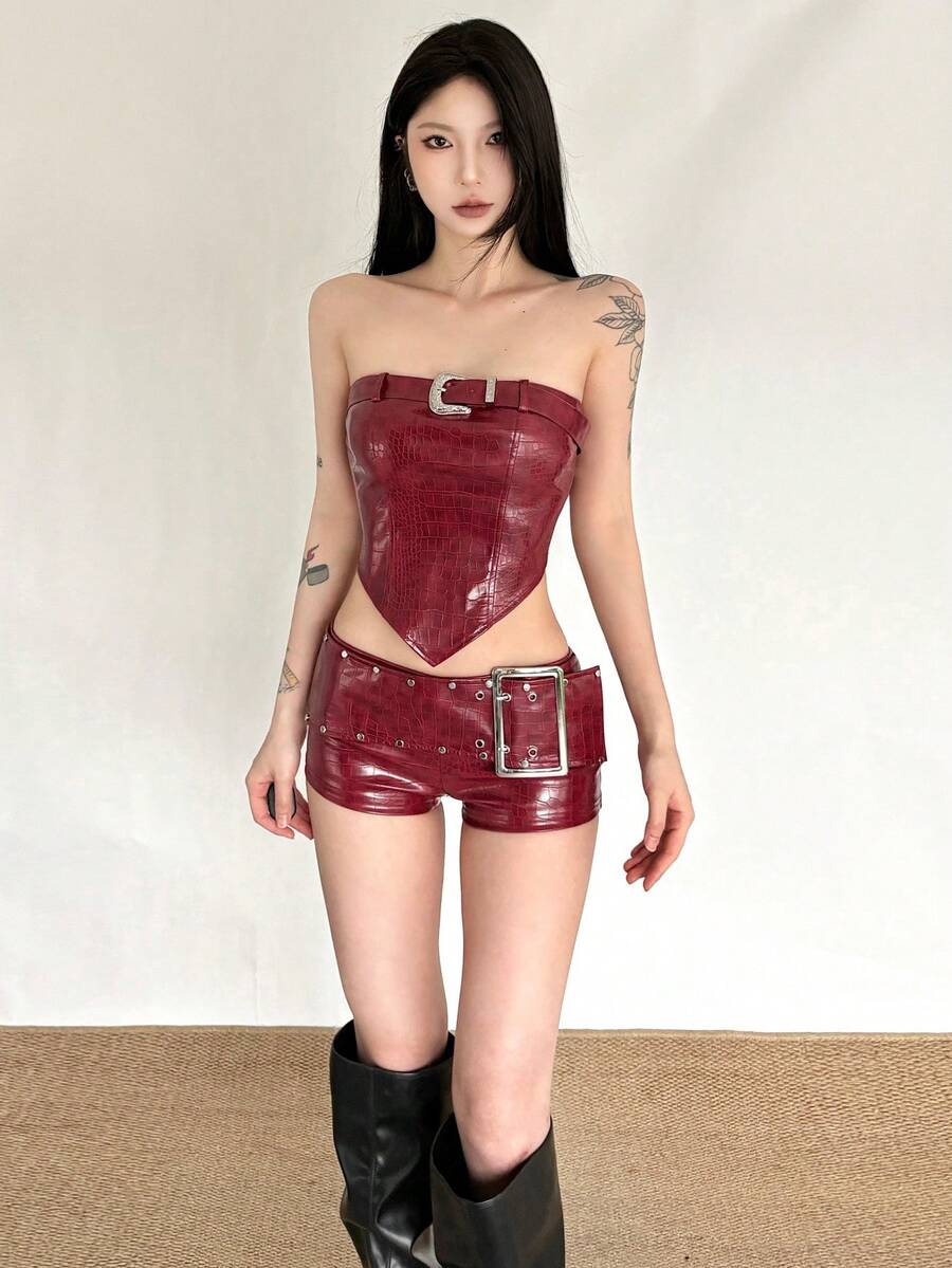 Top Dazzle Vintage Style Women's Short PU Leather Shorts, Textured Detail Design, With Fashionable Buckle Belt, Creating A Unique Look - Red - View 1