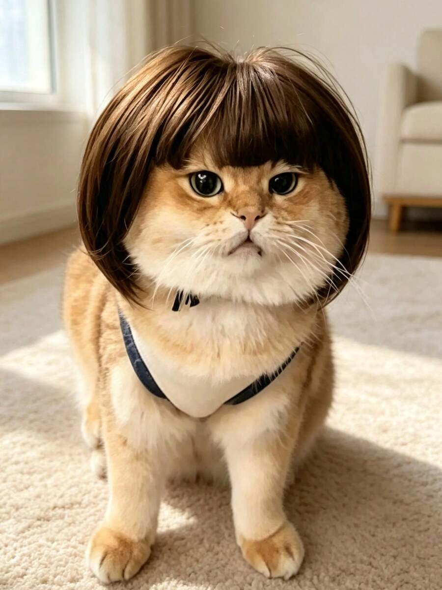 Pet Bangs Wig With Sideburns, Women's Universal Version, Funny Cartoon Bangs Hair Accessory For Cats And Dogs, Cute Pet Cosplay Photo Prop, Halloween Pet Costume Accessory, High-Temperature Fiber Pet Bangs Hair Accessory, Humorous Sideburns Wig Cosplay Accessory