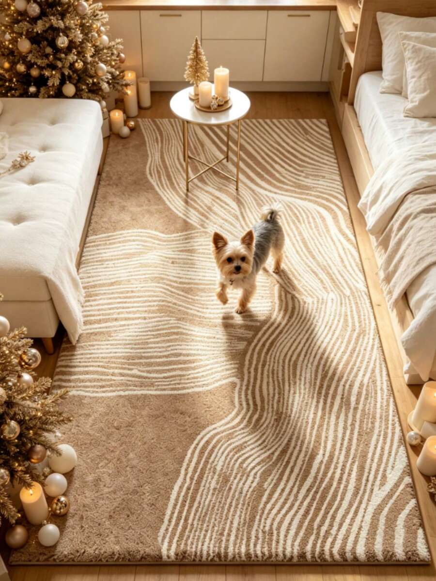 1pc Light Brown Asymmetrical Line Rectangular Rug, Thickened Rug, Thick Rug, Plush Rug, Thickened Rug, Decorative Rug, Bedroom Decor, Small Rug, Rug, Home Decor - Multicolor - View 1