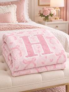 1PC Custom Sublimation Bow Initial Letter Blanket, Personalized Printed Throw Blanket With Bow & Heart Pattern, 3 Optional Sizes, Home Decor Blanket For Bedroom Sofa, Ideal Holiday Gift For Friends And Family - Multicolor - View 6