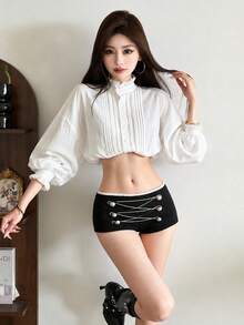 Top Dazzle Fashion Women's Knitted Mini Shorts, Straight Leg Fit With Button Detail, Creating A Preppy Style - Black - View 1