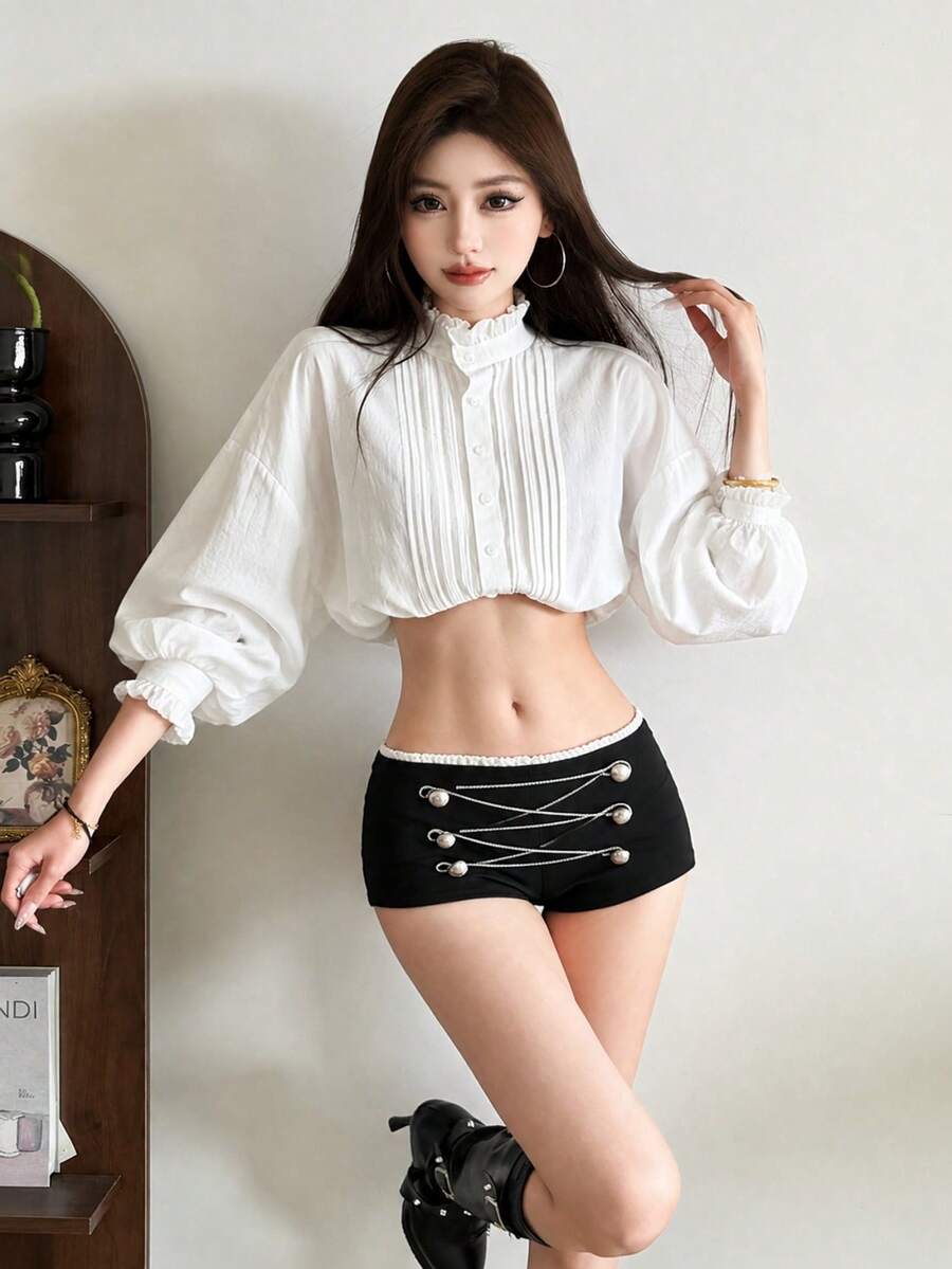 Top Dazzle Fashion Women's Knitted Mini Shorts, Straight Leg Fit With Button Detail, Creating A Preppy Style - Black - View 1