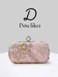 1件粉色亮片刺繡晚宴包，花卉亮片與刺繡設計，高端正式金屬鏈條手提包，優雅名媛風，適合派對、婚禮、舞會、晚餐/宴會，女性畢業禮服理想搭配，舞會配件 - 粉色 - 查看 9