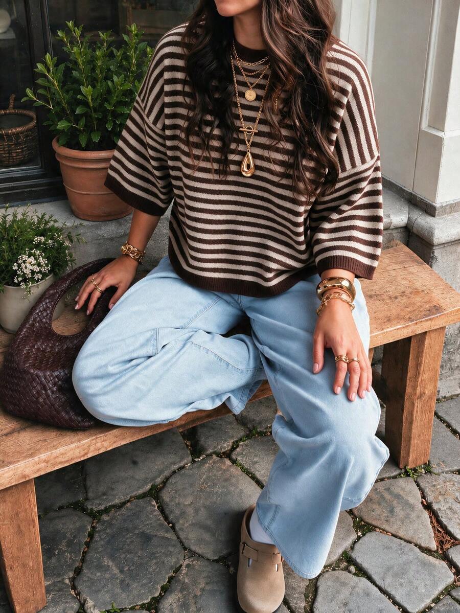 Women's New Autumn/Winter Colorblock Striped Knit Top, Casual Daily Commute, Preppy Style - Coffee Brown - View 1