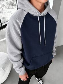 Men's Loose Drop Shoulder Colorblock Patchwork Hoodie Sweatshirt, Autumn/Winter - Navy Blue - View 1