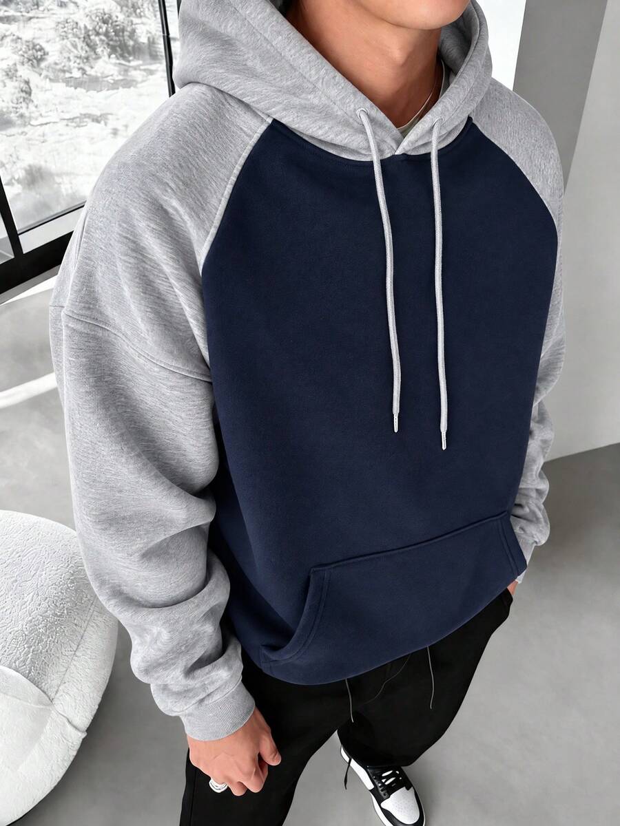Men's Loose Drop Shoulder Colorblock Patchwork Hoodie Sweatshirt, Autumn/Winter - Navy Blue - View 1