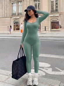 Women's Solid Color Ribbed Seamless Inner Shirt, Long Sleeve, Tummy Control Butt Lift Slim Fit, Autumn Multi-Functional Daily Casual Fitness Skiing Base Layer - Mint Blue - View 4