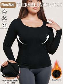 1pc Autumn/Winter Plus Size Brushed Fleece Long Sleeve Base Layer Top, 2-In-1 Built-In Cup Pad Ribbed Knit Women's Blouse - Black - View 3