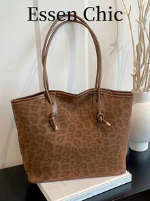 1pc Brown Vintage Leopard Print PU Large Capacity Tote Bag Women's Shoulder Bag - Brown - View 2