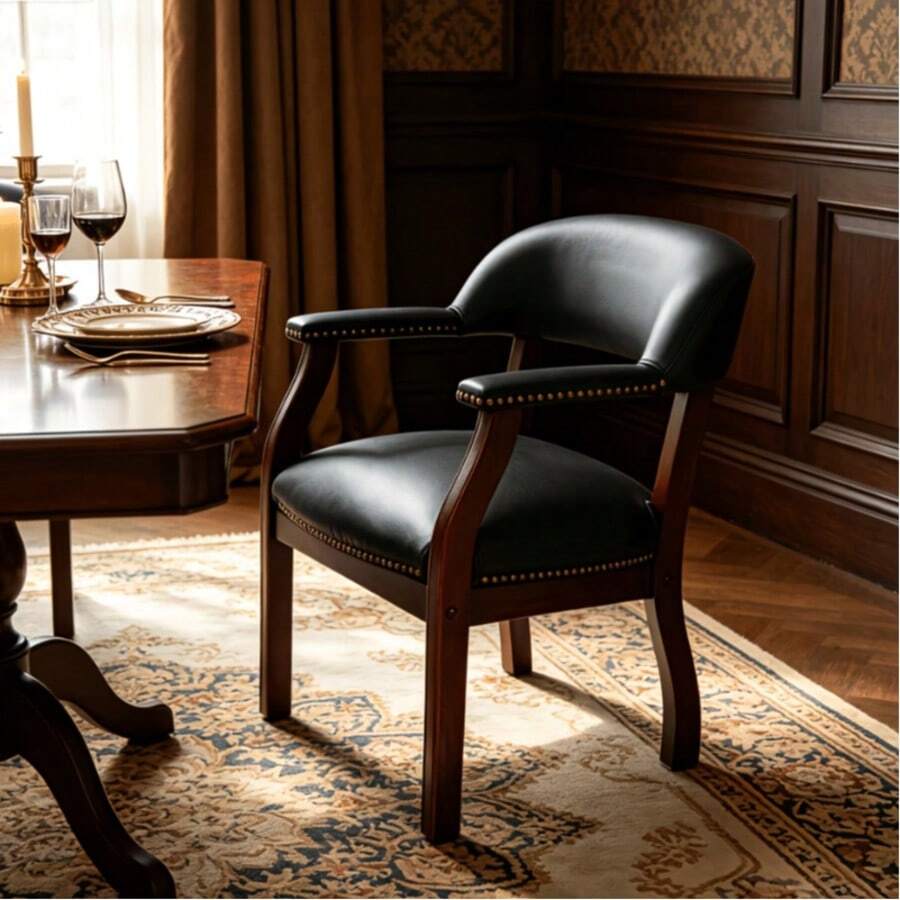 QIAN&S Vintage Solid Wood Upholstered Dining Armchair With Handcrafted Brass Rivets, Cushion Built-In Anti-Sagging Spring, For Dining Room, Living Room, Study, Office Reception & Guest Room - Black - View 1