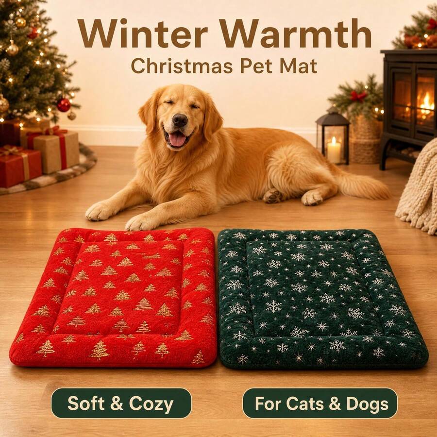 1pc Christmas Snowflake Christmas Tree Print Thick Plush Pet Mat, Soft Machine Washable Dog Bed Pad, Winter Cat Dog Indoor Sleeping Mat, Holiday Gift For Cats And Dogs