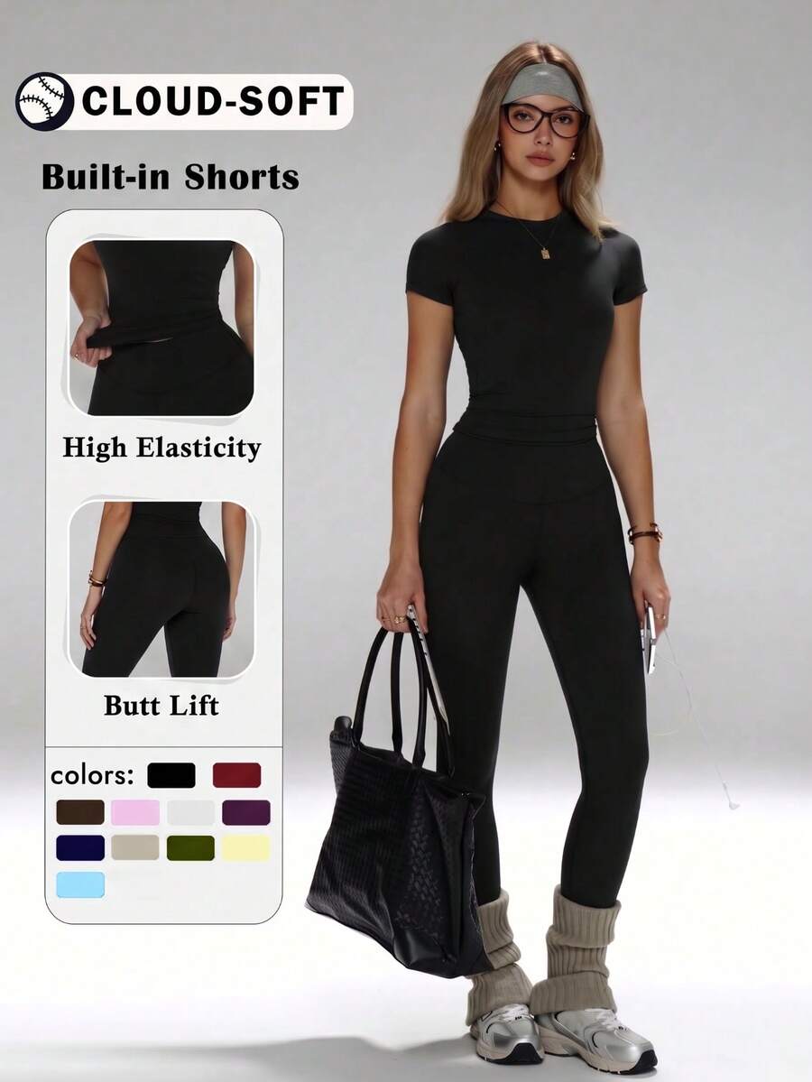 FWH Versatile All-Season Shaping Multifunctional Slimming Blouse, Women's Slim Fit Sports Yoga 2-Piece Set Black Summer Style