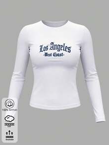 Women's Cotton Long Sleeve T-Shirt, Simple Pattern Design, White Base With Dark Blue 'Los Angeles -West Coast-' Text Print - White - View 4