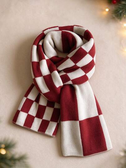 2pcs Red And White Plaid Classic Design Scarf, Christmas Style Accessory, Autumn/Winter Accessory, Women's Scarf, Suitable As Gift For Couples, Friends, Family