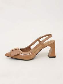 Women's Summer New Brown Pointed Toe High Heel Shoes With Bow Decor, Slingback Chunky Heel, Versatile Party Shoes - Brown - View 5