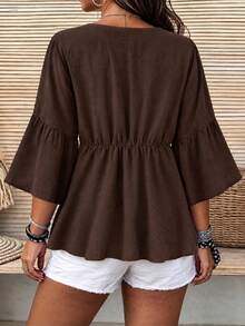 Rusttydustty Atasan Wanita Ukuran Besar Warna Cokelat Kerah V dengan Tali dan Patchwork Renda Gaya Bohemian untuk Liburan, Cocok untuk Musim Gugur/Dingin, Kostum Halloween - Coklat - View 5