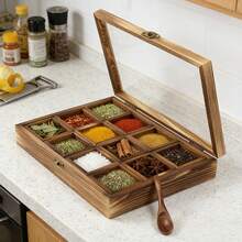 CNCEST Wooden Spice Box, Spice Rack Organizer Storage Box With Lid &12 Containers, Spice Fit Box With Wooden Spoon, Spice Boxes For Kitchen, Multipurpose Decorative Boxes - Brown - View 2