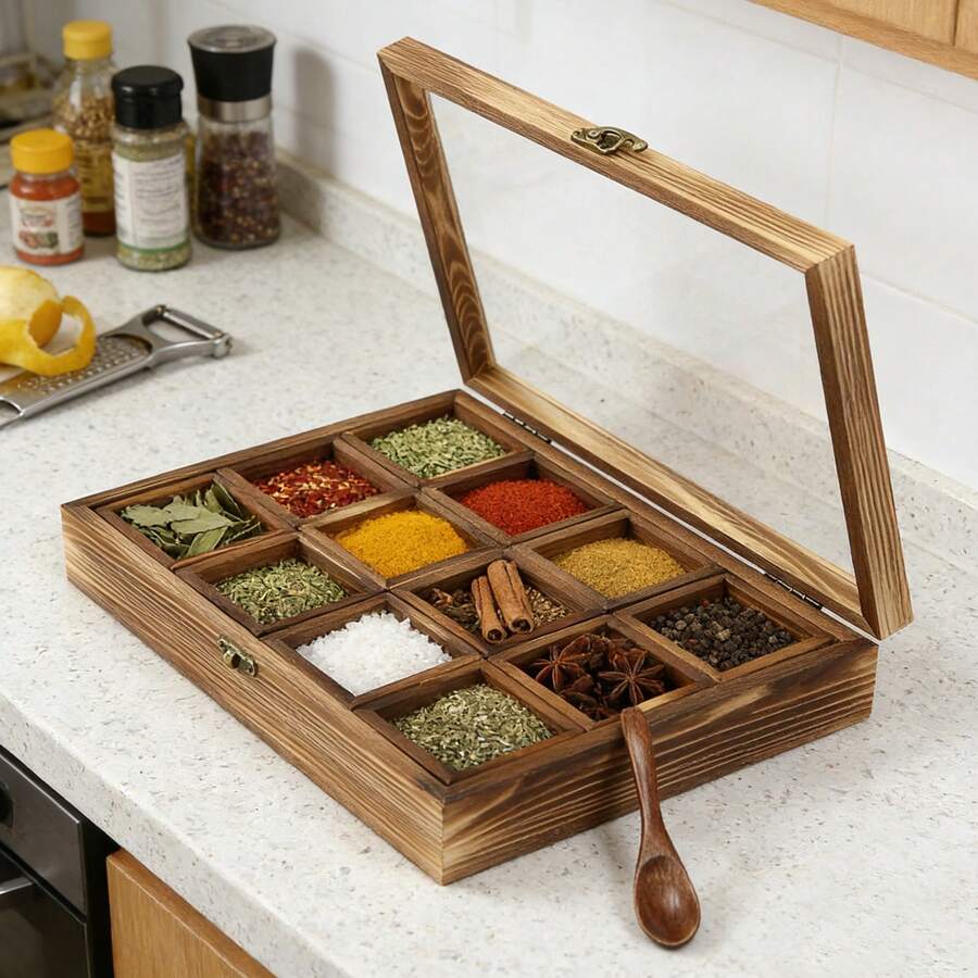 CNCEST Wooden Spice Box, Spice Rack Organizer Storage Box With Lid &12 Containers, Spice Fit Box With Wooden Spoon, Spice Boxes For Kitchen, Multipurpose Decorative Boxes