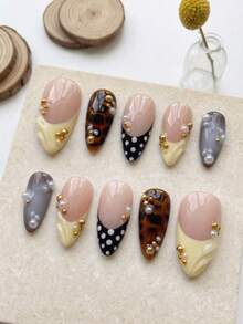 10 PCS Handmade Fall Nails Medium Almond Acrylic Press On Nails, Tortoiseshell & Polka Dot French Tip With Pearl, Removable Reusable Nail Supplies Set (Jelly Glue & Nail File Incl.) - Multicolor - View 3