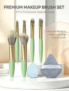 8pcs Mini Makeup Brush Set Including Sponge Powder Puff, Blush Brush, Highlighter Brush, Contour Brush, Eyeshadow Brush, Lip Brush, Full Set Of Makeup Tools, Travel Essential Makeup Brush Set - Green - View 9