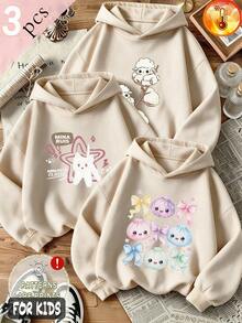 Autumn/Winter 3 Pieces Set Girls Cartoon Animal, Text & Bow Print Fleece Hoodie, Long Sleeve Y2K Style - Apricot + Apricot + Apricot - View 1