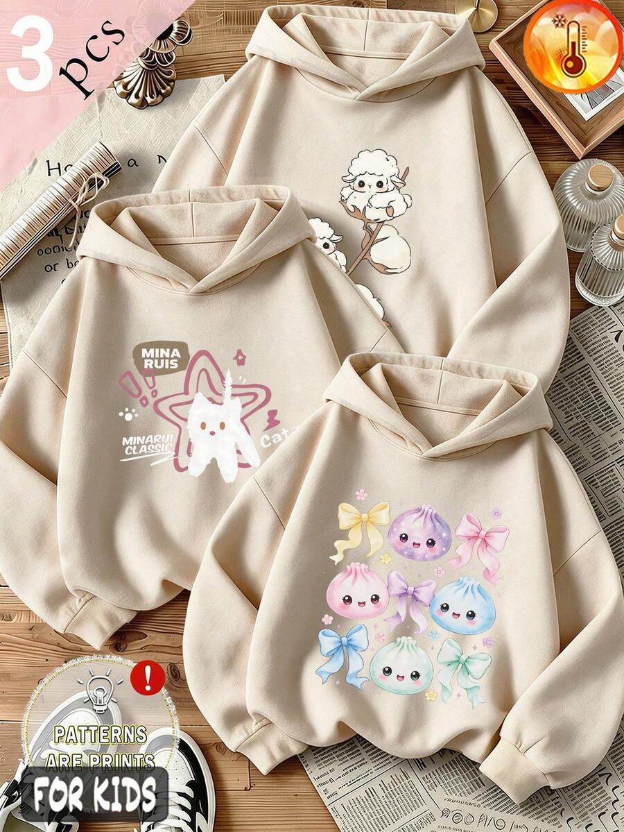 Autumn/Winter 3 Pieces Set Girls Cartoon Animal, Text & Bow Print Fleece Hoodie, Long Sleeve Y2K Style - Apricot + Apricot + Apricot - View 1
